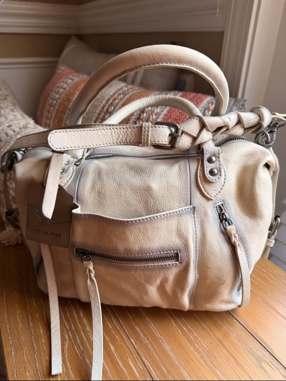 We The Free Neutral Beige Leather Hobo Satchel